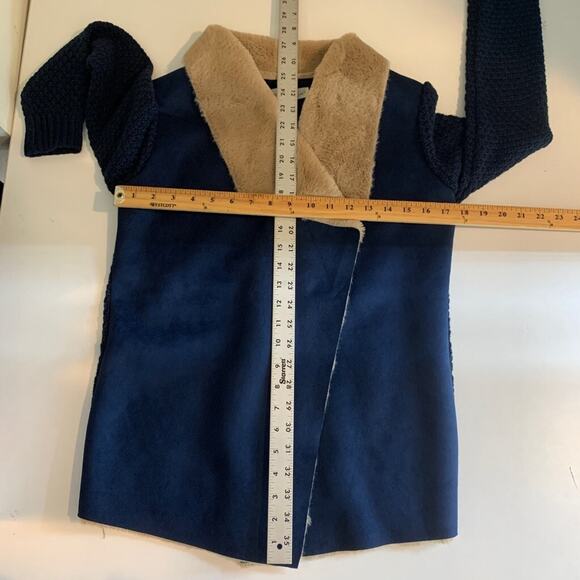 Lovestitch Cardigan Womens Small Navy Tan Faux Shearling Wide Shawl Open Front - Picture 8 of 13